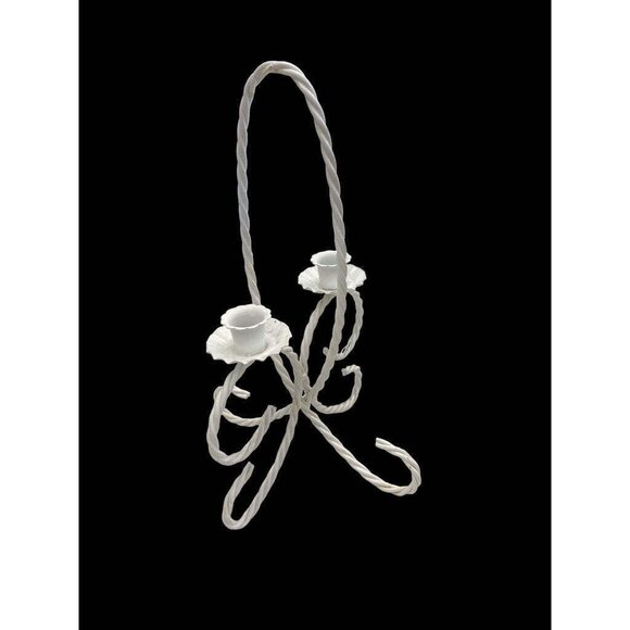 Vintage White Wrought Iron Double Candle Holder With Twisted Handle & Floral Des - Picture 4 of 5